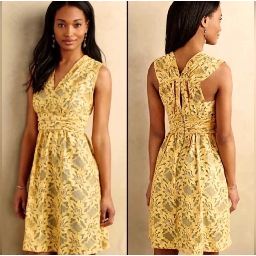 Anthropologie Plenty by Tracy Reese Yellow Floral Lace Midi Dress 10 Coquette - Picture 12 of 13